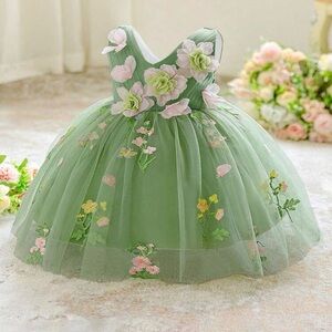 Green and pink baby girl flower dress